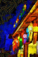 Landscape of a house with antique lanterns made of multicolored paper Illustrations creates an impressionist style of painting.