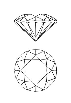 Hand drawn diamond illustration. Top and side views. Isolated on white, vector symbol.
