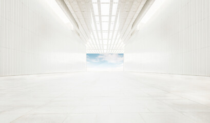 Clean, bright and simple exhibition space, outside the French window is blue sky and white clouds.