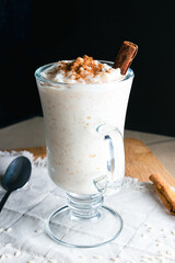 Rice pudding and cinnamon, Mexican dessert, different backgrounds, frontal and overhead
