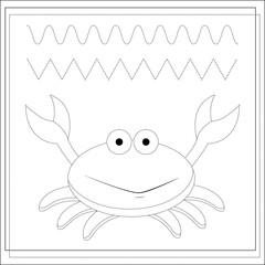 Page coloring books, handwriting practice for kids, crab. A sketch. Vector isolated on a white background