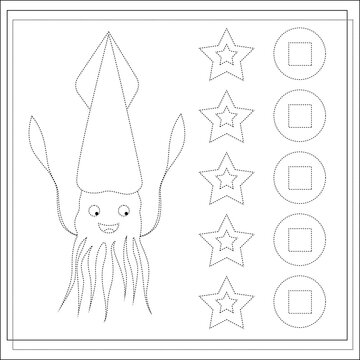 Page coloring books, handwriting practice for kids, squid. A sketch. Vector isolated on a white background