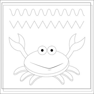Page coloring books, handwriting practice for kids, crab. A sketch. Vector isolated on a white background