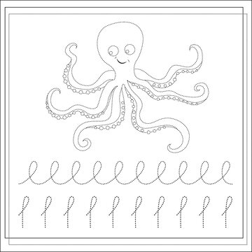 Page coloring books, handwriting practice for kids, octopus. A sketch. Vector isolated on a white background