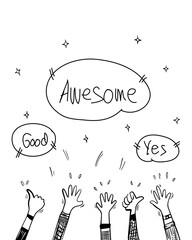 doodle hands up set. hands clapping. applause, thumbs up gesture. hand drawn with speech bubble 