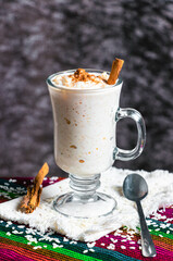 Rice pudding and cinnamon, Mexican dessert, different backgrounds, frontal and overhead