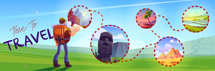 Time to travel cartoon banner, traveler with map plan to visit world landmarks ancient mayan and egyptian pyramids, moai statues on Easter island, Asian paddy plantation, Tourist vector illustration