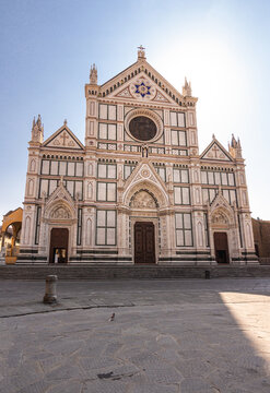 Front view of basilica di santa croce  and empty piazza di santa croce, a famous tourist attraction in Florence (Firenze), Italy
