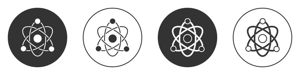 Black Atom icon isolated on white background. Symbol of science, education, nuclear physics, scientific research. Circle button. Vector