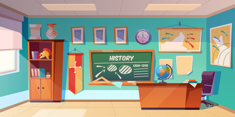 Classroom of history empty interior, school class room with teacher table, green blackboard with scheme, map and clock hanging on wall, books cupboard, studying items. Cartoon vector illustration