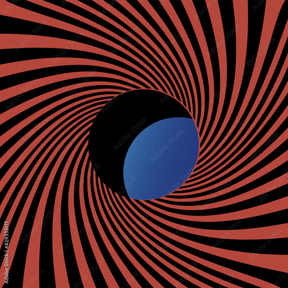 Poster The black and red stripes twisting into the tunnel form and hole through which a blue background with light. Vector The End background