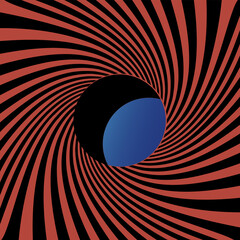 The black and red stripes twisting into the tunnel form and hole through which a blue background with light. Vector The End background