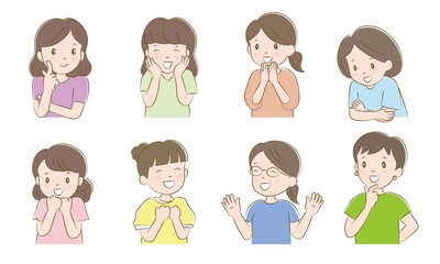 笑顔でリアクションする女性８人セット（手描き風）