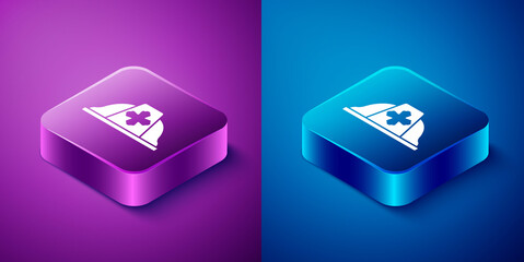 Isometric Firefighter helmet or fireman hat icon isolated on blue and purple background. Square button. Vector