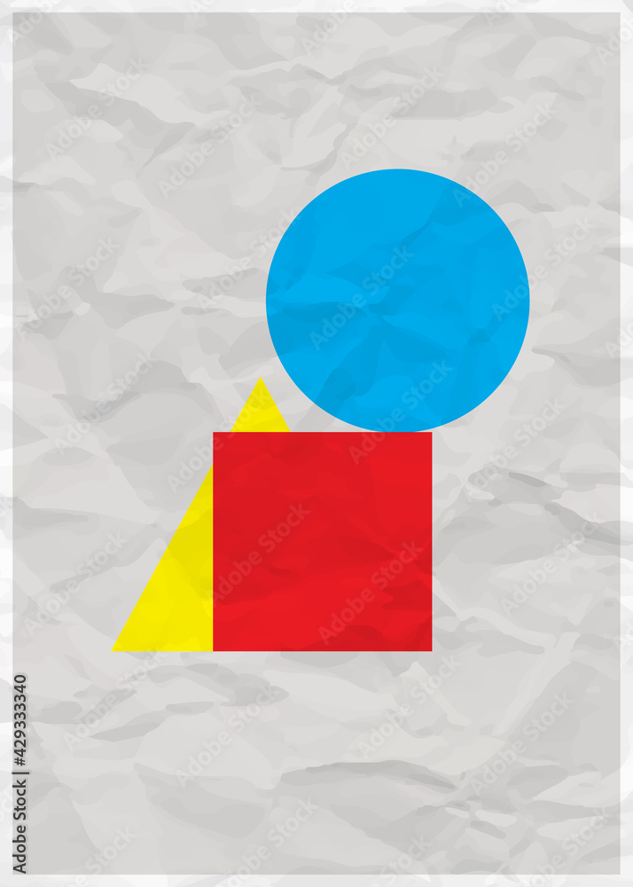 Poster abstract geometric color solids figures still life illustration. flat cube cylinder sphere on white 