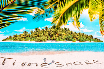Obraz na płótnie Canvas Whole tropical island within atoll in tropical Ocean and inscription 