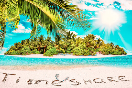 Whole tropical island within atoll in tropical Ocean and inscription "TimeShare" in the sand on a tropical island,  Maldives.