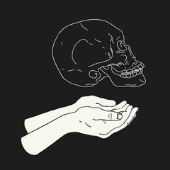 A human skull in a man's hands, isolated on black. Shakespeare's Hamlet scene at the grave of Yorick. Poor Yorick. - 429333705