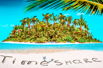Whole tropical island within atoll in tropical Ocean and inscription "TimeShare" in the sand on a tropical island,  Maldives.