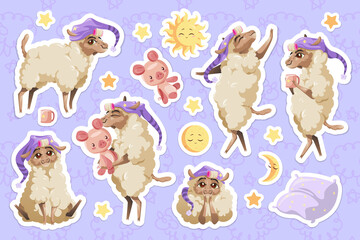 Cute sheep in nightcap, cartoon animal stickers set. Little fluffy lamb mascot with funny face hugging pig toy, wear curlers on fur, drink milk before night sleep. Kawaii character isolated patches