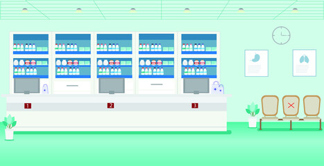 illustration of the interior of a hospital and  pharmacy room in a hospital or clinic.

