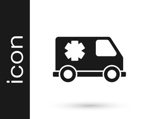 Black Ambulance and emergency car icon isolated on white background. Ambulance vehicle medical evacuation. Vector