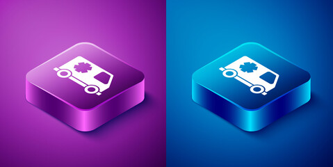 Isometric Ambulance and emergency car icon isolated on blue and purple background. Ambulance vehicle medical evacuation. Square button. Vector