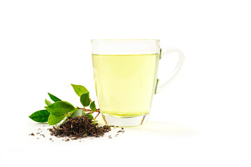 Green  tea in glass cup and leaves isolated on white background.