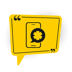 Black Emergency mobile phone call to hospital icon isolated on white background. Yellow speech bubble symbol. Vector
