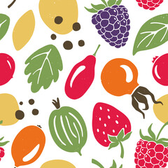 Cute berry seamless pattern. Bright and juicy berries on white background. Vector shabby hand drawn illustration