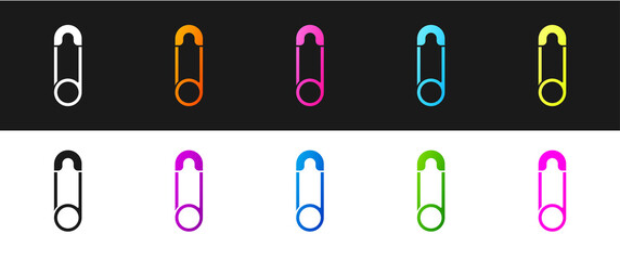 Set Classic closed steel safety pin icon isolated on black and white background. Vector