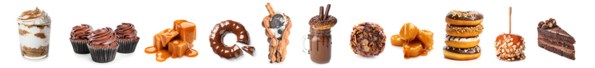 Different delicious desserts on white background