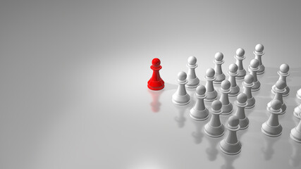 Business leader and teamwork power concept. Red chess leadership 3D rendering with Copy Space