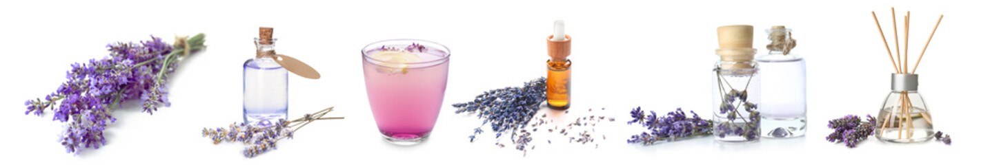 Lavender with different products on white background