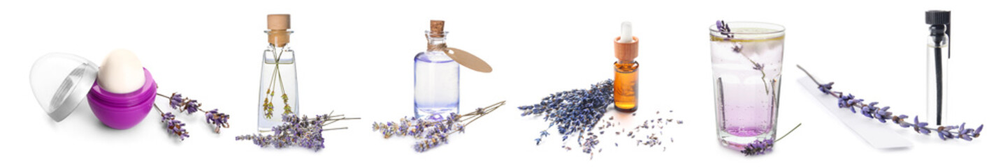 Lavender with different products on white background