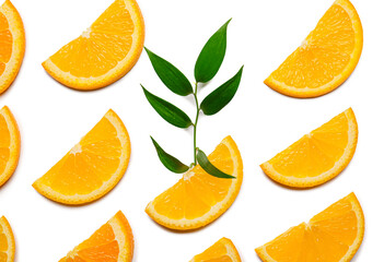 Slices of fresh oranges with green leaves on white background