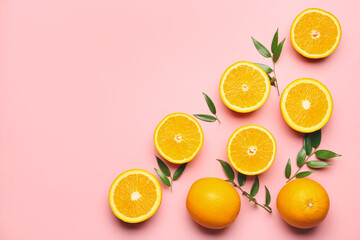 Fresh oranges with green leaves on color background