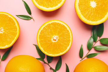 Fototapeta na wymiar Fresh oranges with green leaves on color background