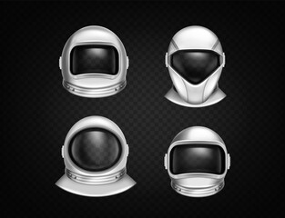 Astronaut helmets for space exploration and flight in cosmos. Cosmonaut mask with clear glass different shapes. Vector realistic set of white suit part for protection spaceman head