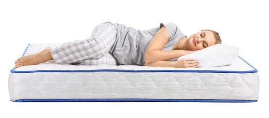 Mature woman sleeping on soft mattress against white background