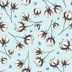 cute watercolor seamless pattern with hand-drawn cotton flowers and dots on a blue backgrond. it can be used as wallpaper, poster, print for clothes, fabrics, textiles, notebooks, packaging paper.