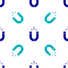 Blue Magnet icon isolated seamless pattern on white background. Horseshoe magnet, magnetism, magnetize, attraction. Vector
