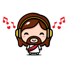 cute cartoon jesus vector design listening to music with earphones