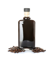 Bottle of cold brew and coffee beans on white background