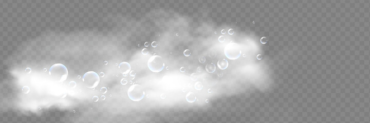 Bath foam with shampoo bubbles isolated on a transparent background. Vector shave, foam mousse with bubbles top view template for your advertising.