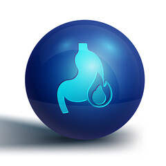 Blue Stomach heartburn icon isolated on white background. Stomach burn. Gastritis and acid reflux, indigestion and stomach pain problems. Blue circle button. Vector