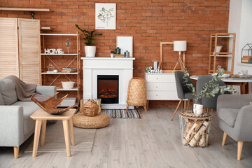 Fototapeta premium Interior of modern room with fireplace