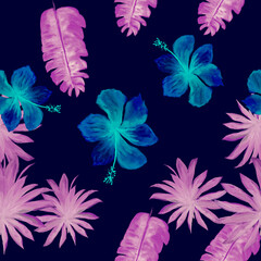Fototapeta na wymiar Blue Seamless Hibiscus. Pink Pattern Illustration. Indigo Tropical Hibiscus. Navy Flower Illustration. Cobalt Decoration Illustration. Violet Watercolor Texture. Banana Leaves.