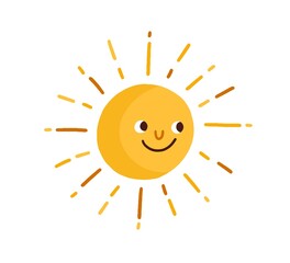 Cute happy smiling sun with rays. Childish drawing in Scandinavian style. Hot summer weather icon. Funny sunny character. Colored flat vector illustration isolated on white background