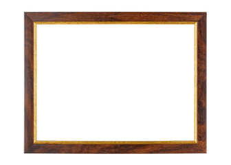 Empty dark brown wooden photo frame with golden border isolated on white background